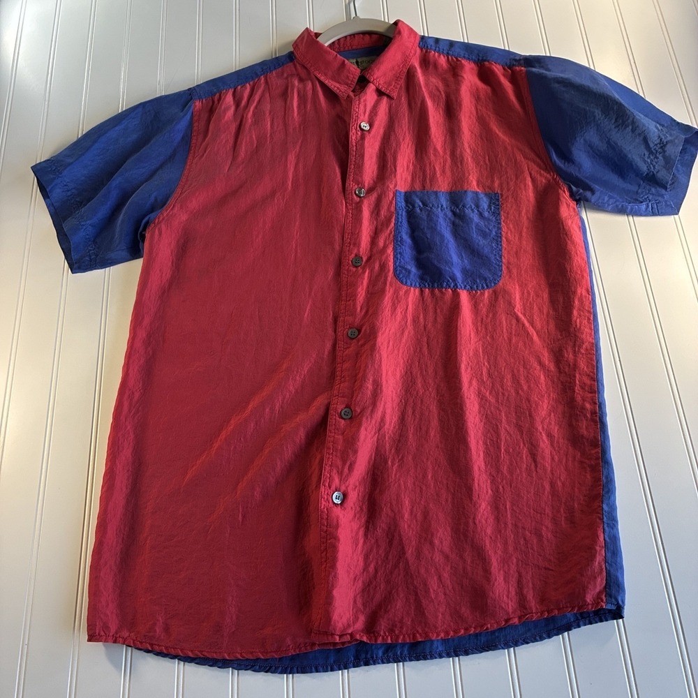 Women's Lg 14-16 Silk VTG Robert Stock Color Block Shirt Blouse Momcore Red Blue - Picture 7 of 13